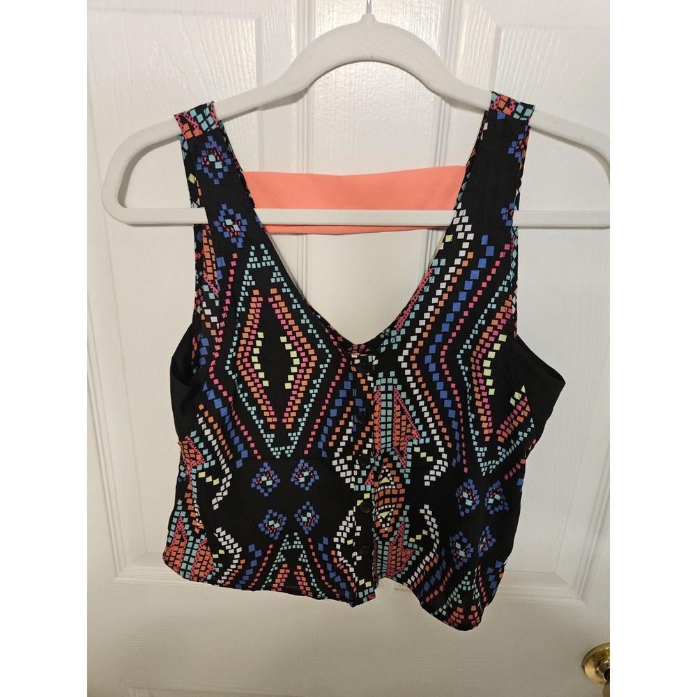 Xhilaration Crop Tank Top - Neon Tribal Aztec Geometric Print Open Back Black XS